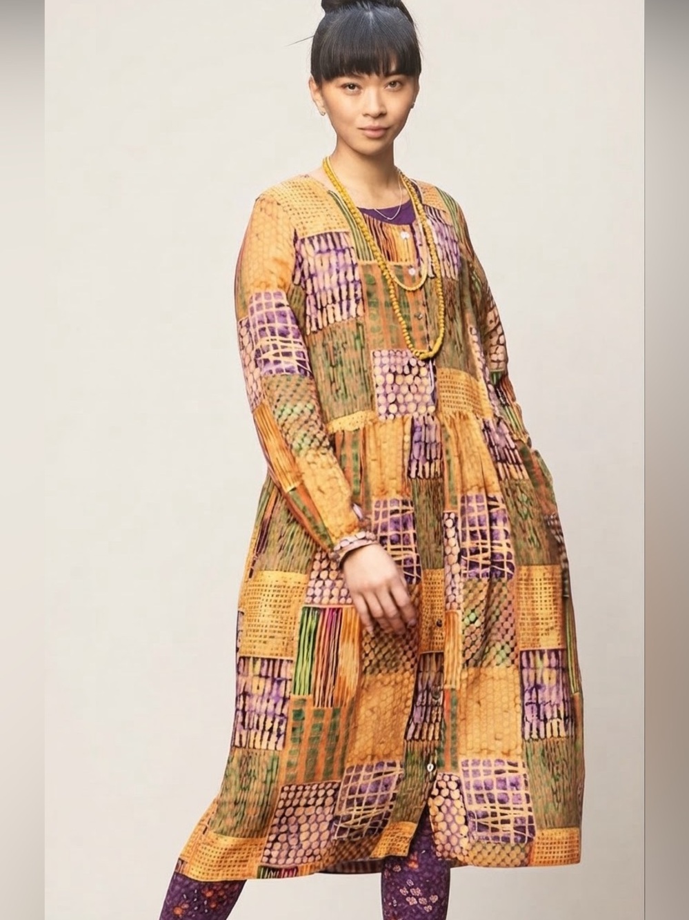 Gudrun Sjoden Sz M Ottilia Patchwork Lagenlook Linen Blend Shirt Midi Dress